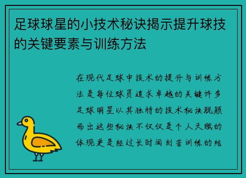 足球球星的小技术秘诀揭示提升球技的关键要素与训练方法